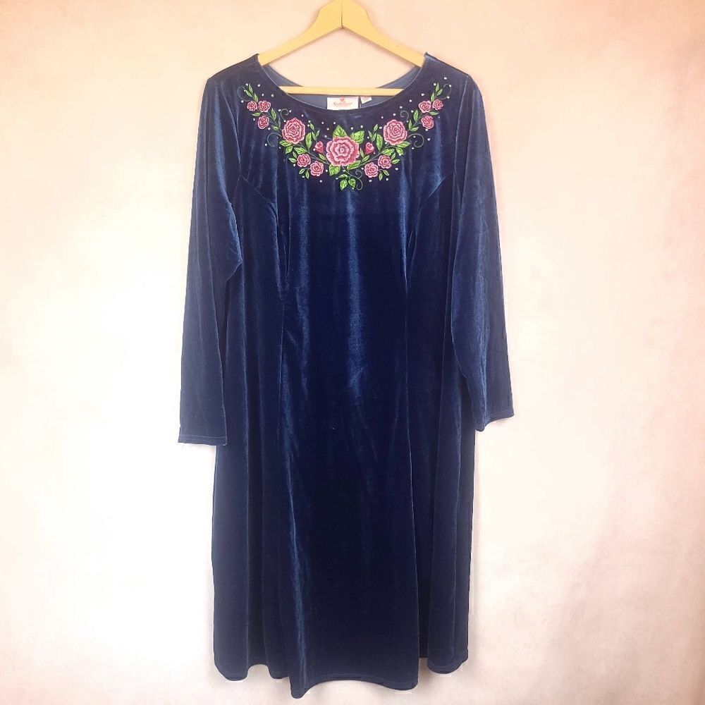 Vintage Quacker Factory Blue Floral  Velvet Long Sleeve House Dress Gown 1X